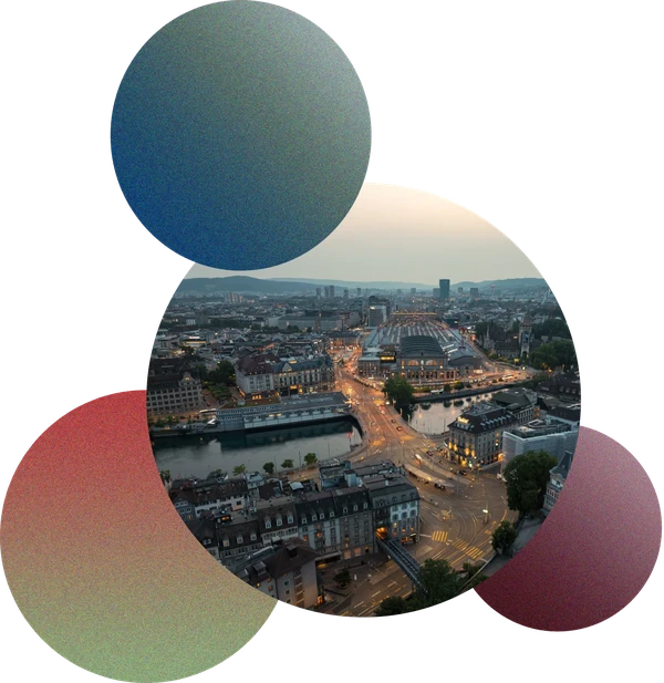 Aerial evening view of Zürich city center with the main station and river Limmat